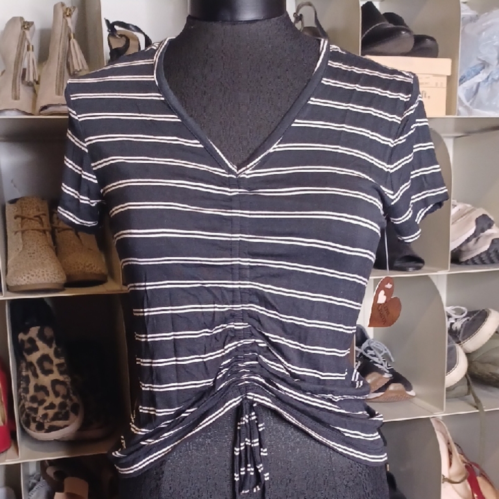 Women's Black & White Striped V-Neck Ruched Tee